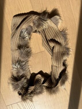 Simons Ribbed Knit Scarf wrap with real Fur Trim - Tan & gold